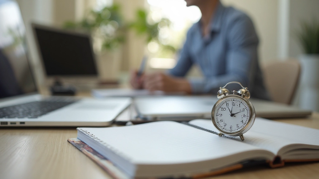 Таймер Помодоро на столе рядом с ноутбуком для отслеживания рабочих интервалов