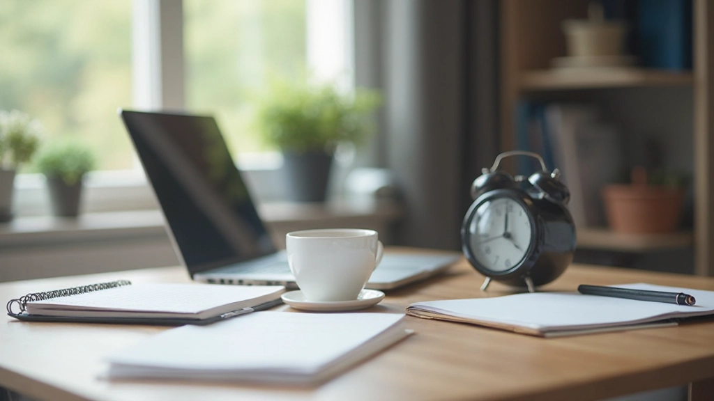 Таймер техники Помодоро рядом с ноутбуком и блокнотом на рабочем столе