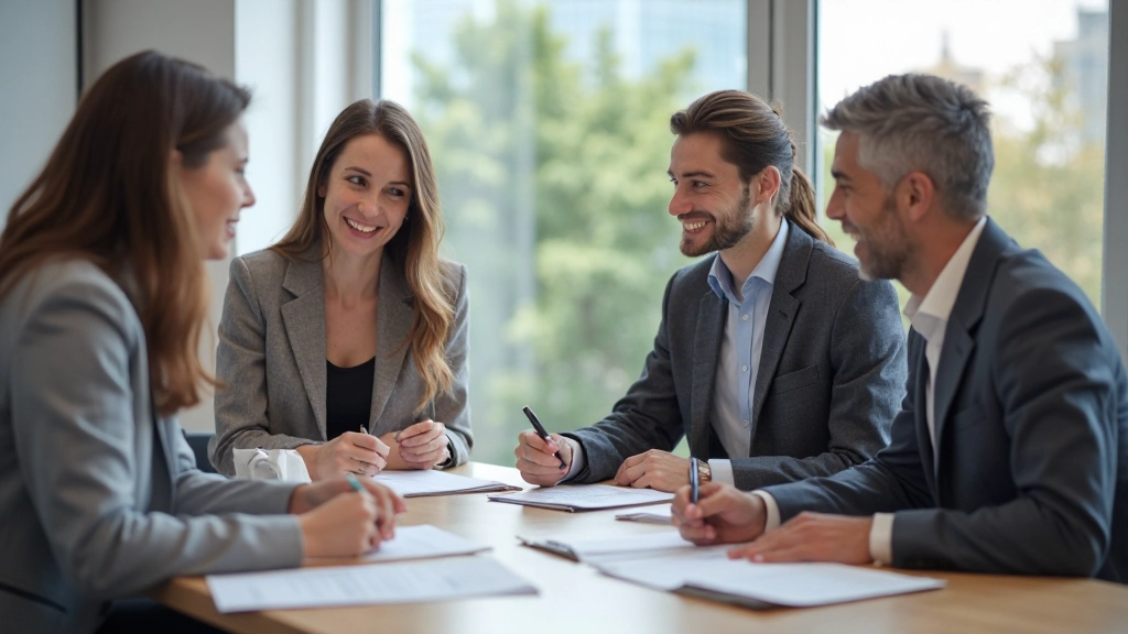 Группа коллег обсуждает проект на встрече в светлой конференц-зале