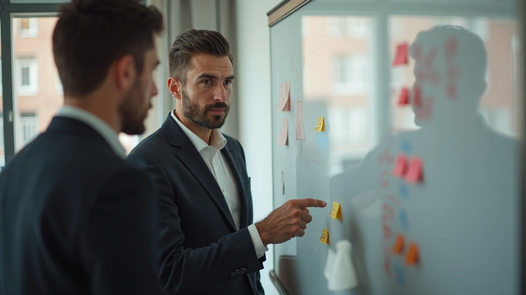 Профессиональное фото мужчины, обсуждающего стратегии с коллегой у доски с целями