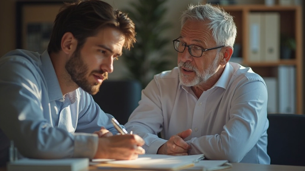 Профессиональное фото мужчины, обсуждающего стратегии с коллегой у доски с целями