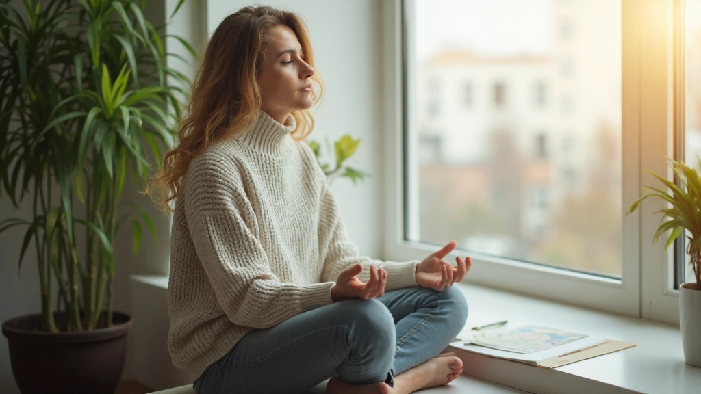 Человек медитирует в спокойном офисе с естественным освещением и растениями