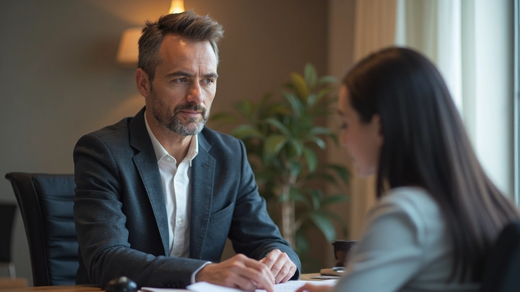 Психолог проводит консультацию о переосмыслении задач, работает с клиентом на светлом фоне офиса