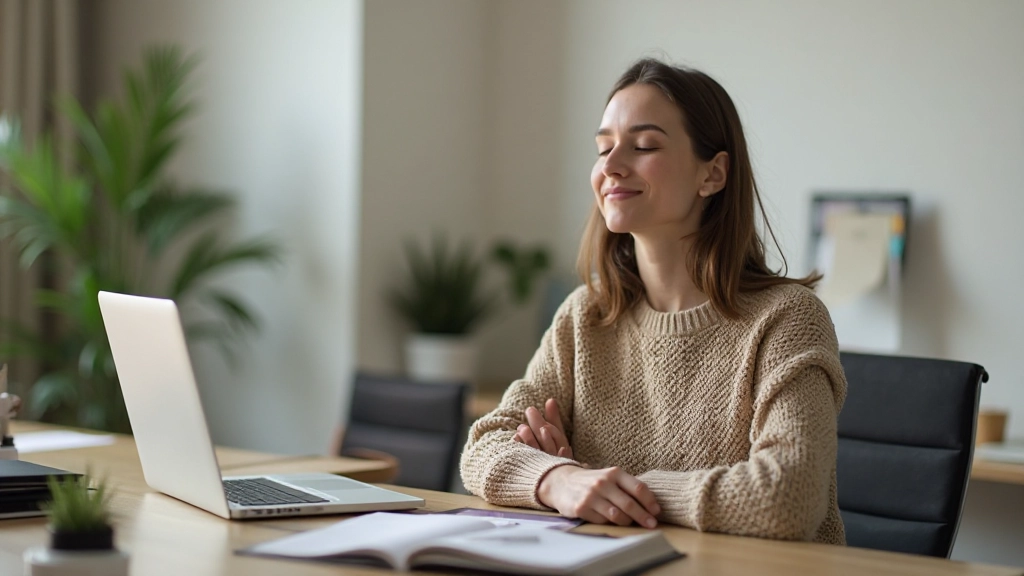 Профессиональное фото женщины, медитирующей в спокойной обстановке офиса