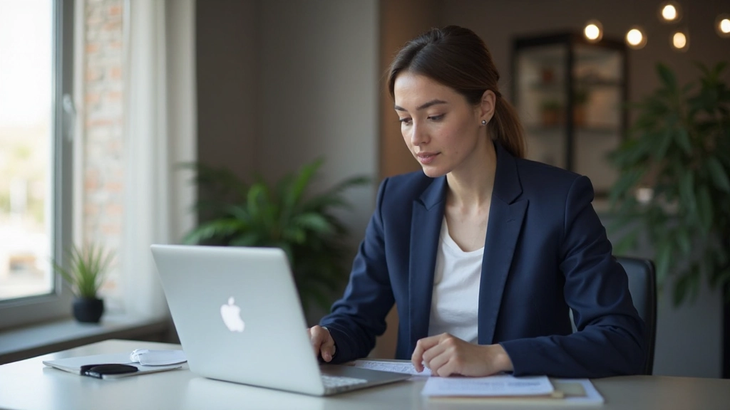 Профессиональное фото женщины, анализирующей график продуктивности на ноутбуке в современном офисе